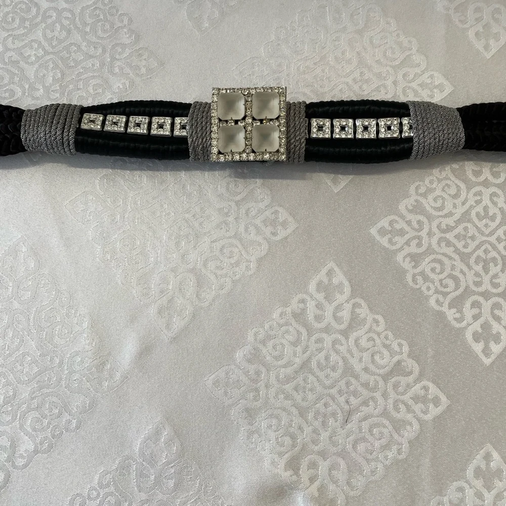 Women’s: Art Deco silver Rhinestone emblished Black Belt . 34 1/4 “